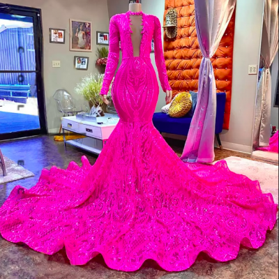 Fuchsia Mermaid Long Prom Dresses 2022 rosa red African Black Girl Long Sleeves Sparkly Sequin Lace Luxury Party Evening Dress