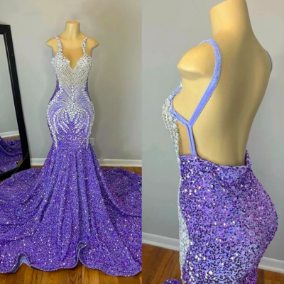 Sexy Lavender Mermaid Prom Dresses For Black Girls 2023 Crystal Rhinestone Sequins Open Back Formal Birthday Party Gowns