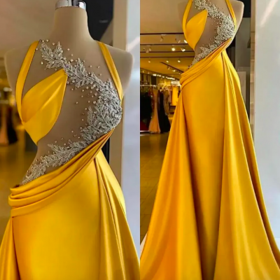 2023 Gold Mermaid Prom Dresses with Overskirt Crystals Beaded Illusion Top Satin Custom Made Ruched Evening Party Gowns vestidos Formal Occasion Wear Plus Size