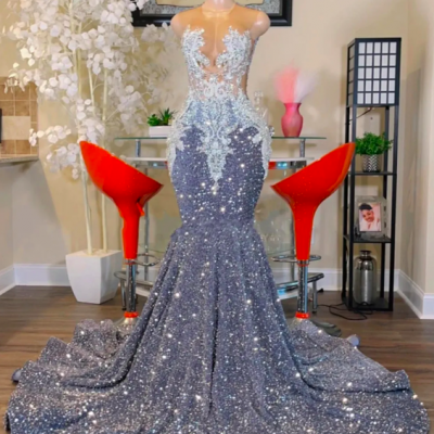 Shinning Grey Sequin Mermaid Prom Dresses 2023 Luxury O Neck Lace Appliques Plus Size Birthday Party Gowns For Arabic Women