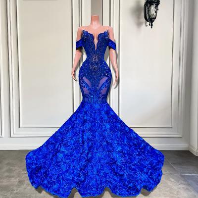 Long Prom Dresses 2023 Luxury Sheer O-neck Off The Shoulder Sparkly Diamond Black Girl Royal Blue Prom Gala Formal Gowns