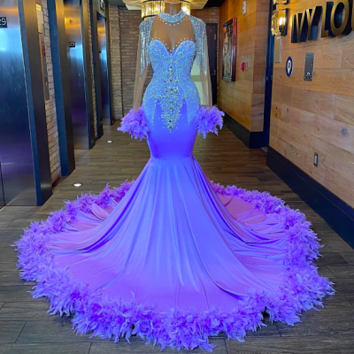 Light Purple Feathers Long Sleeve Prom Dresses For Black Girl Tassels Mermiad Evening Dress For wedding Party Gown Crystal Beads