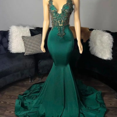 Vintage Dark Green Transparent Spaghetti Mermaid Prom Dresses For Black Girls Backless Evening Dress Luxury Wedding Party Gown