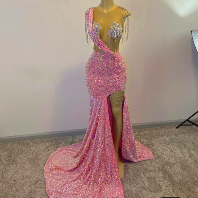 Sexy Pink Sequin Prom Dresses For Black Girls Silver Tassesl Luxury Dress For Gala Party 2023 Weding Party Dress Mermaid Slit