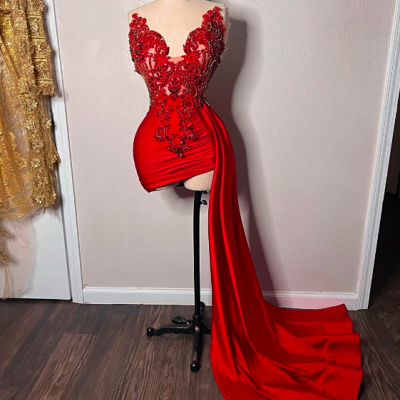 Red Beaded Appliques Prom Dresses With Train Mermaid Birthday Party Dress Sweetheart Mini Cocktail Gown Luxury Satin vestidos