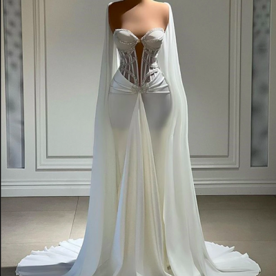 Silver Beaded Mermaid Wedding Gown For Bride 2023 With Cape Bridal Dress Engagement Dresses Elegant Fish Bones Dubai robe de bal
