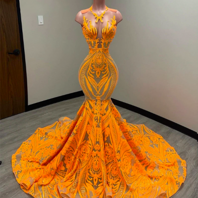 Sparkly Orange Mermaid Prom Dresses 2023 Sexy Glitter Sequins Birthday Graduation Homecoming Party Gowns Robe De Bal