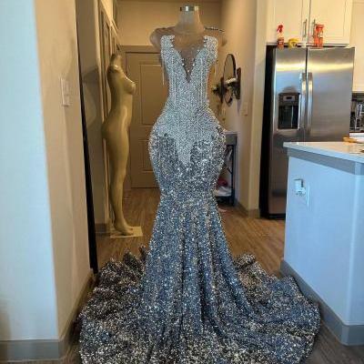 sparkly crystal mermaid prom dresses beaded sequins tight formal evening dresses 2024 tassel party dresses for women 2025