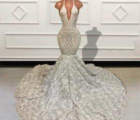 Classy Mermaid Square Neckline Floral Chiffon White Long Prom Dresses P0007