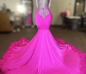 Pink Prom Dresses, Feather Prom Dresses, Mermaid Prom Dresses, Prom