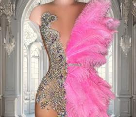 Gorgeous Pink Appliques Sequins Black Girl Long Party Dress with Feather, DP2110 main image 1