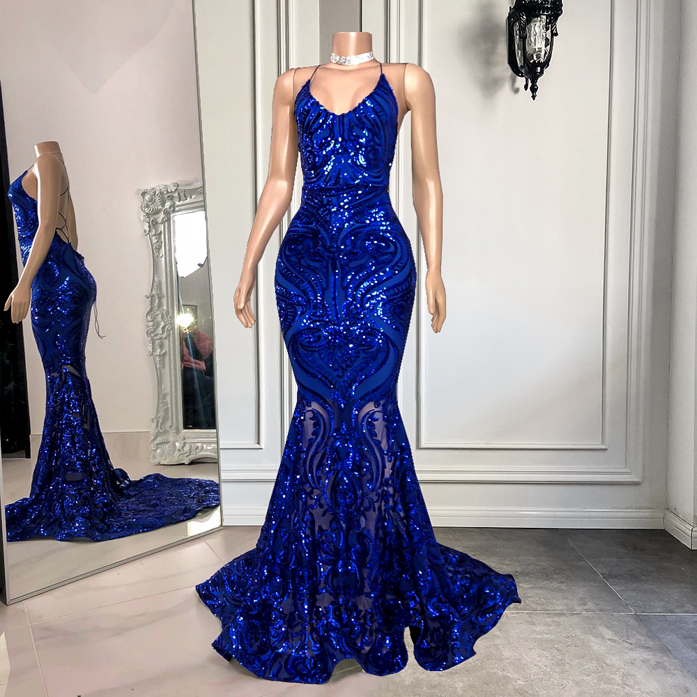 Real Picture Long Elegant Prom Dress 2022 Sexy Mermaid See Through Sparkly Sequin Royal Blue Black Girls Backless Prom Gowns