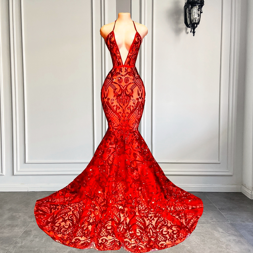 fitted lace wedding dress Trumpet Red Sequin Prom Dress – misaislestyle