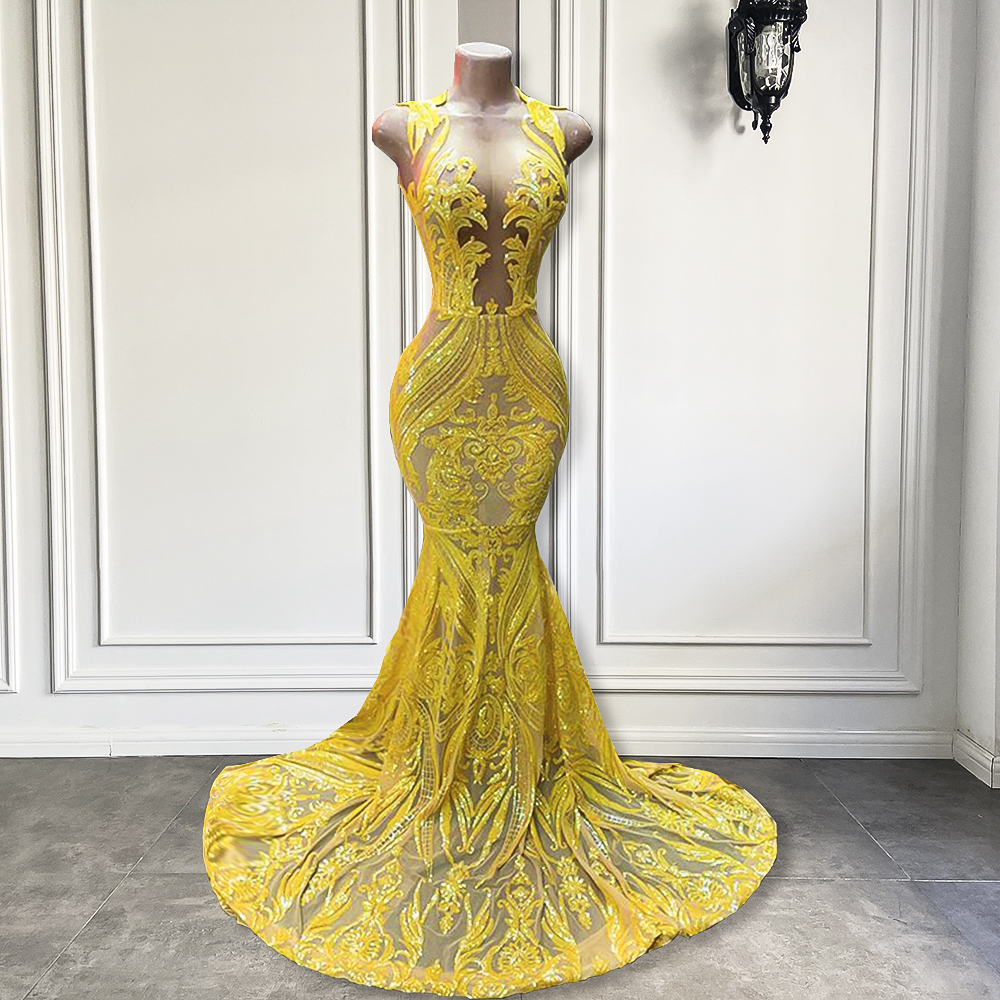 Real Long Elegant Prom Dresses 2023 Fitted Sheer O-neck Mermaid Sparkly Sequin Yellow African Black Girls Prom Gala Gowns