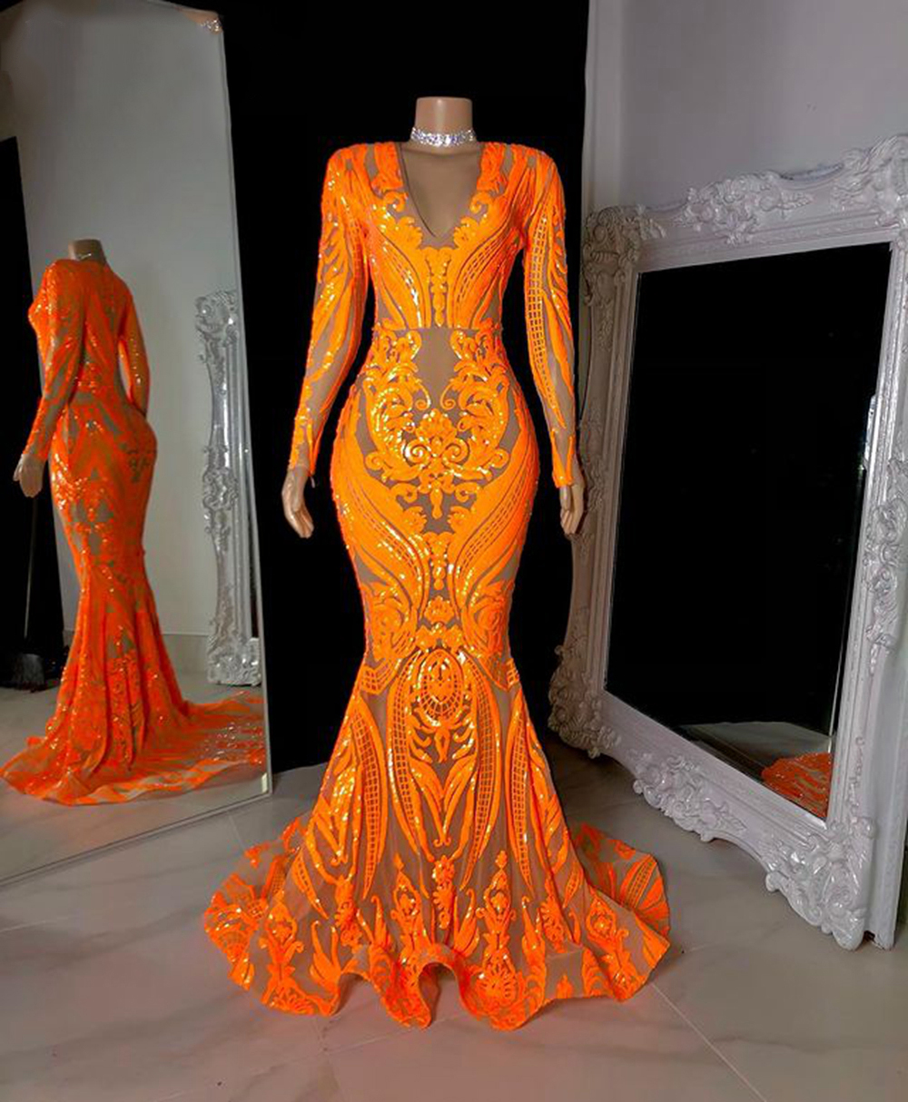 Sparkly Long Prom Dresses 2023 V-neck Long Sleeve Orange Sequined African Black Girls Mermaid Prom Dress