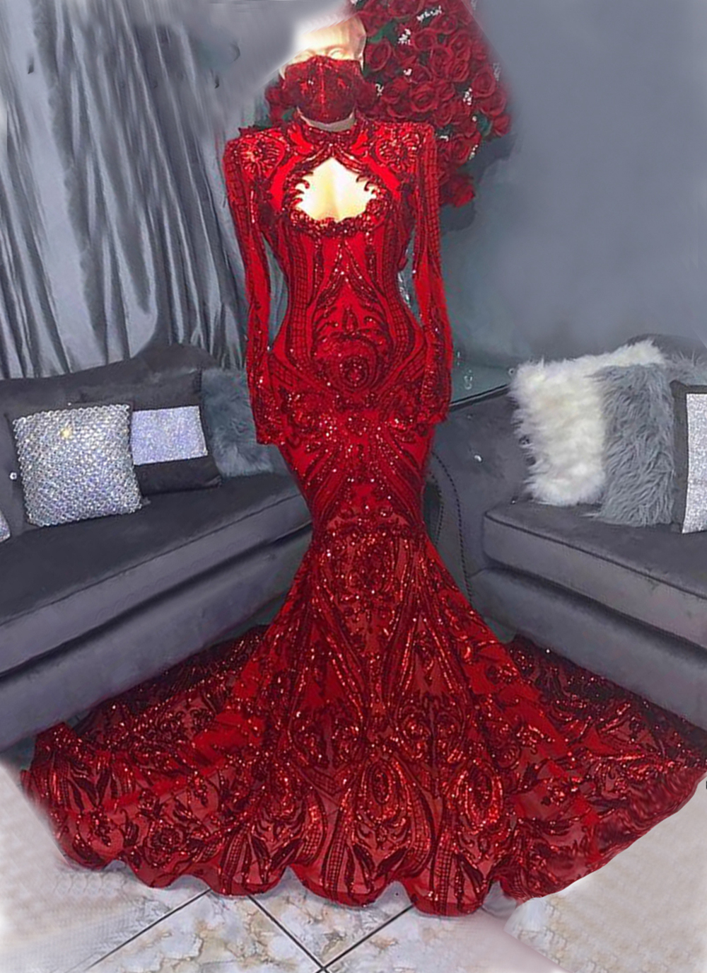 fitted lace wedding dress Red Beaded Lace Satin Prom Dresses Long Sleeve V-Neck Formal Dress 24516 Red / US4