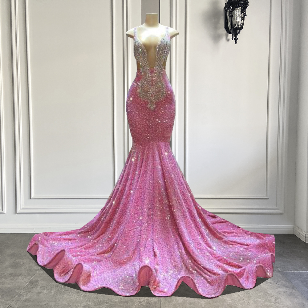 Luxury Long Prom Dresses 2023 Sexy Mermaid Sparkly Pink Sequin Black Girls Crystals Prom Gala Party Gowns For Birthday