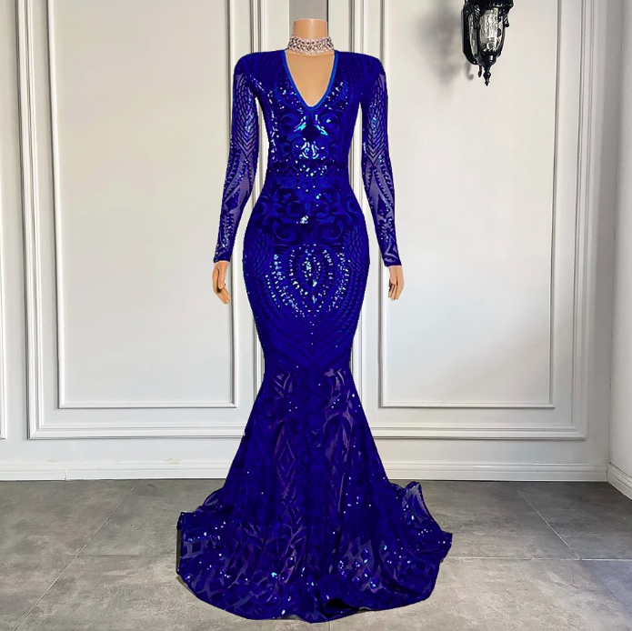 Long Elegant Prom Dresses 2023 Sheer Long Sleeve Royal Blue Sequin Mermaid African Black Girls Prom Gowns
