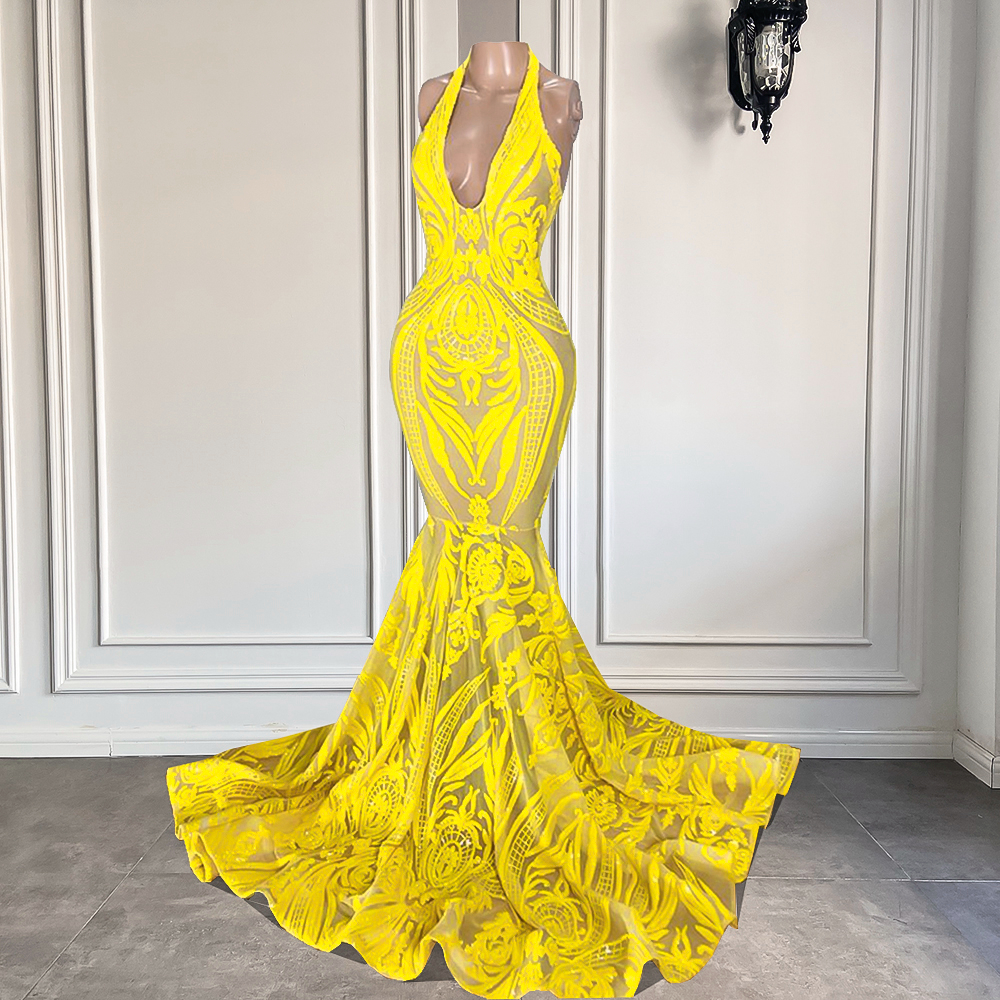 mermaid yellow wedding dress yellow Feather V-Neck Mermaid prom yellow prom dress 2022 - Luxury Plus Size Evening Gown with Open Back for Black Girls