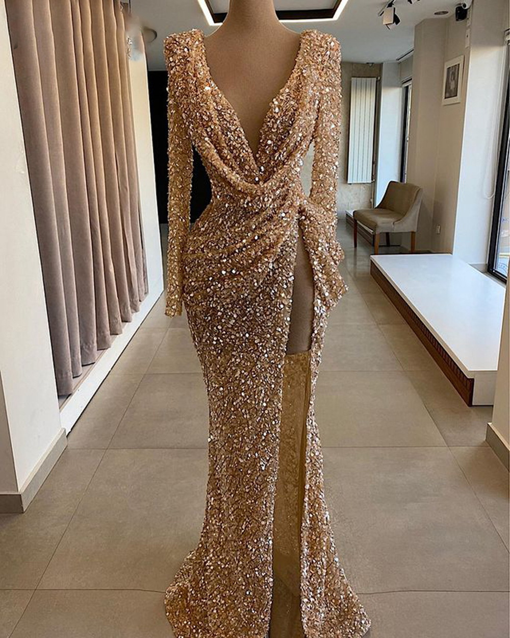 Customized(can Not Refund) Long Sparkly Evening Dresses 2023 Long Sleeve Sexy High Slit V-neck Mermaid Rose Gold Sequin Dubai Women Formal Gowns