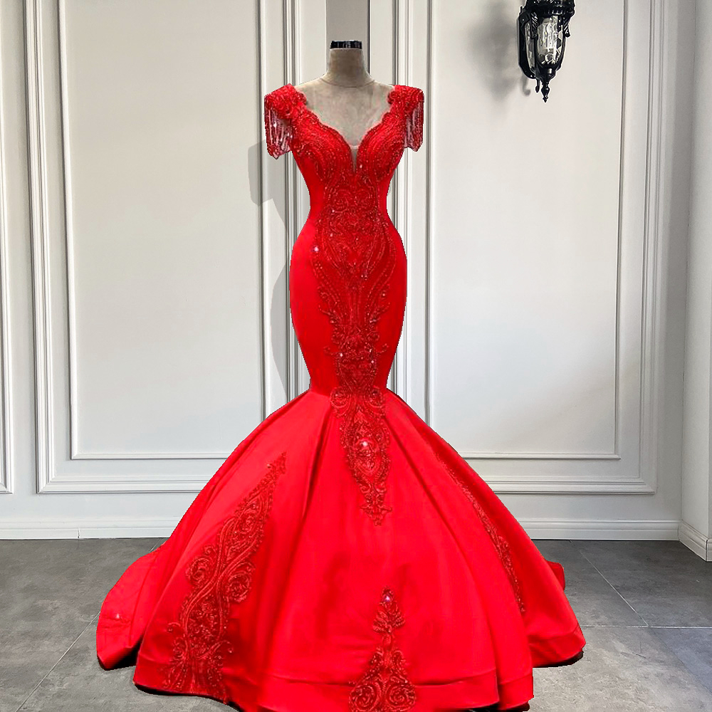 Long Red Evening Dresses 2023 V-neck Mermaid Style Beaded Lace Dubai Women Satin Formal Evening Party Gowns