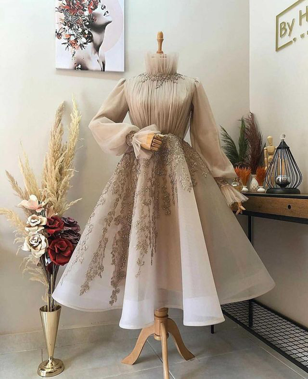 Customized(can Not Refund) Arabic Style Long Sleeve High Neck Beaded  Champagne Dubai Wom on Luulla