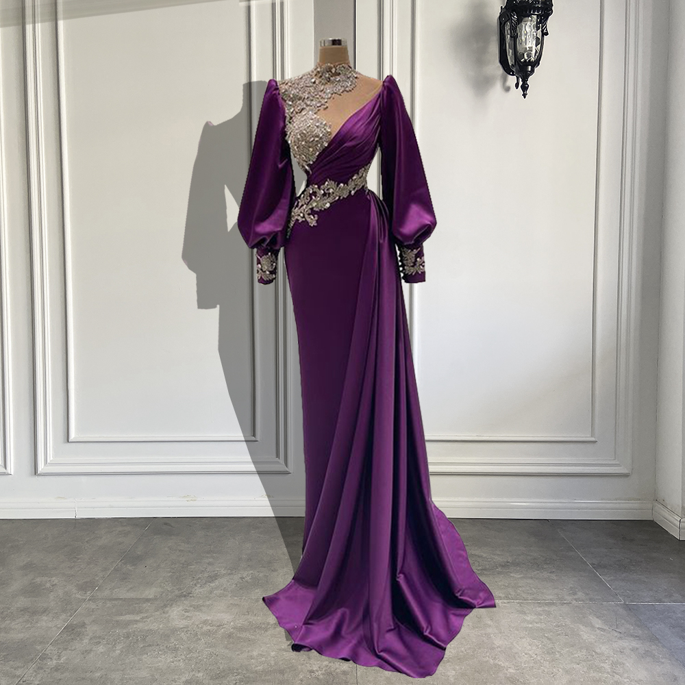 Long Sleeve Sheer High Neck Luxury Beaded Crystals Purple Satin Dubai Arabic Women Formal Evening Party Gowns