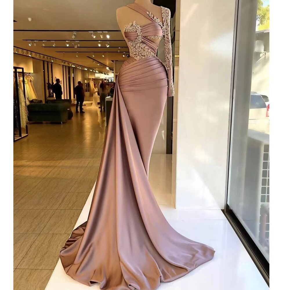 Customized(can Not Refund) One Shoulder Long Sleeve Prom Dresses 2023  Pleats Mermaid Satin Rose Pink on Luulla