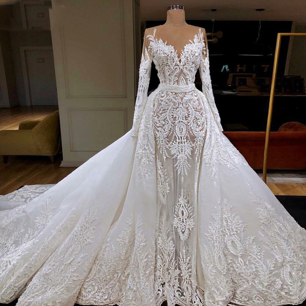 Detachable Wedding Dresses 2023 Sexy Long Sleeve Lace Appliques Vintage Bridal Dresses Vestidos De Noiva