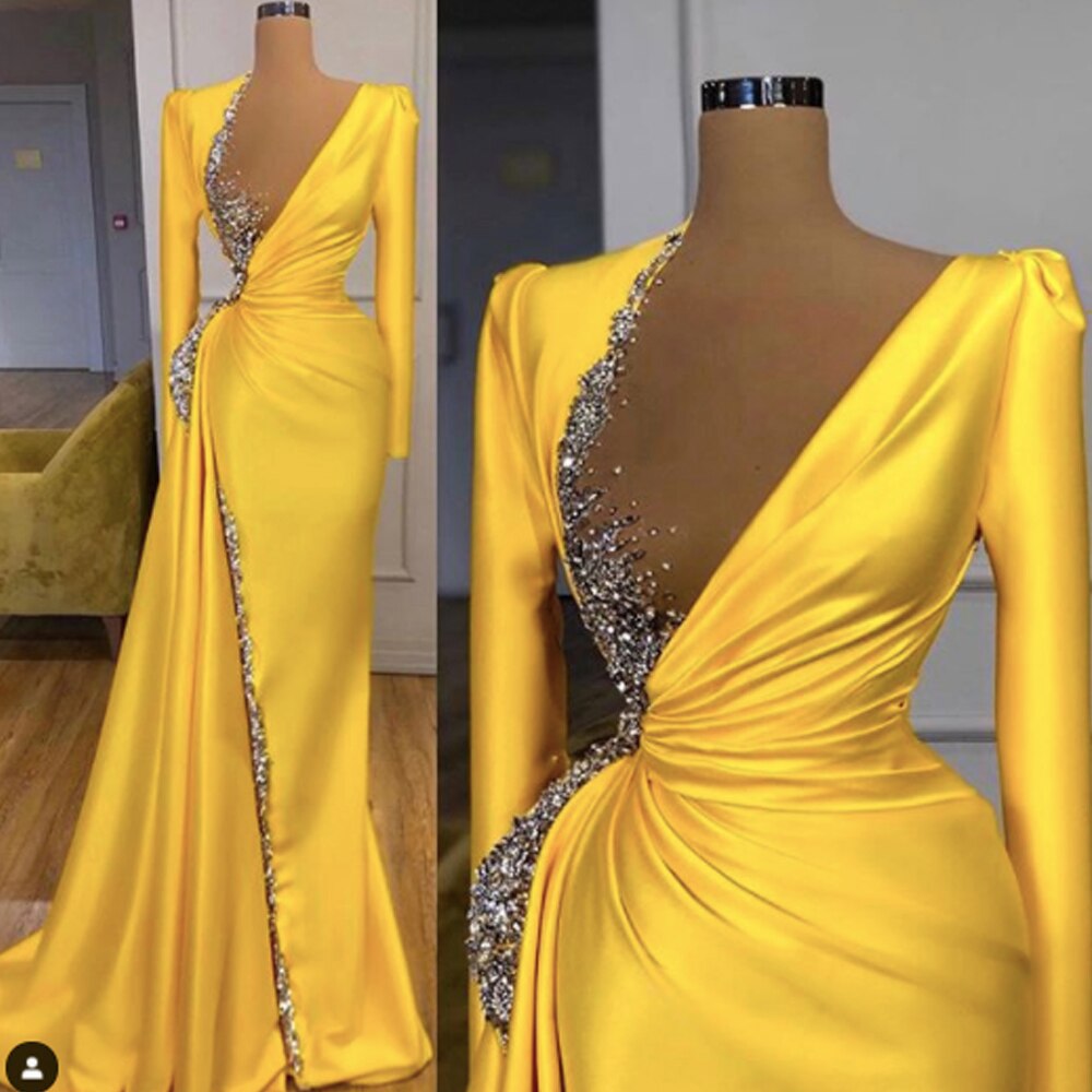 Yellow Prom Dresses 2023 V Neck Pleats Long Sleeve Beading Sequins ...