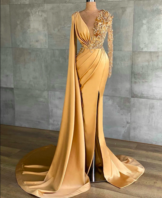 2022 Gold Mermaid V Neck Lace Applique Long Sleeve Prom Dress Beaded Black Girl African Evening Gown Robe De Soirée