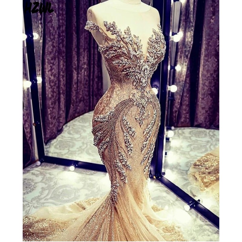 Luxury Prom Dresses With Sheer Neck Major Beading Crystal Jewel Neck Mermaid Evening Dress Custom Made Illusion Robe De Soire
