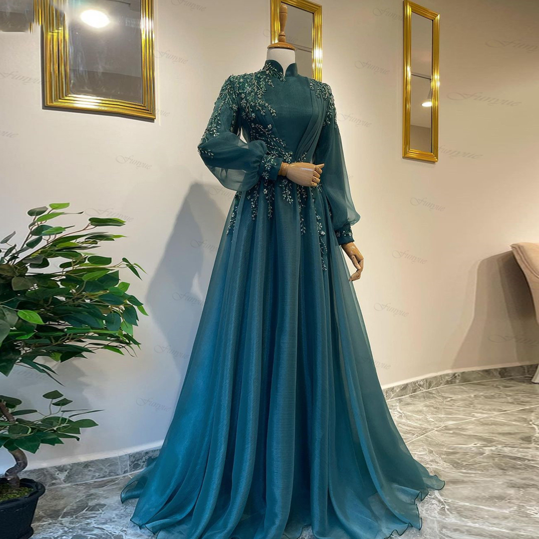 Elegant Teal Long Sleeve Muslim Formal Dresses 2023 A Line Tulle Lace Beaded Arabic Prom Evening Gowns For Women Robe De Mariée
