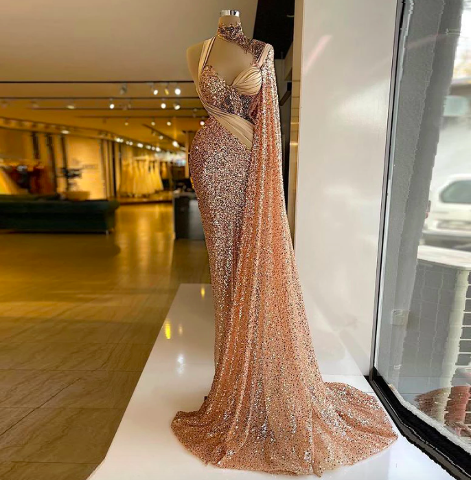 (Customized Can Not Be Refund) Glitter Mermaid Elegant Evening Dresses One Shoulder Wrap Long Train Sequins Sparkling Women Prom Pageant Gowns