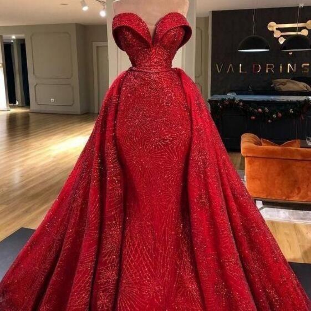 Red Sexy Sweetheart Sleeveless Mermaid Prom Dress Sequined Lace Appliques A-line Evening Party Gown Custom Made Vestidos De Gala