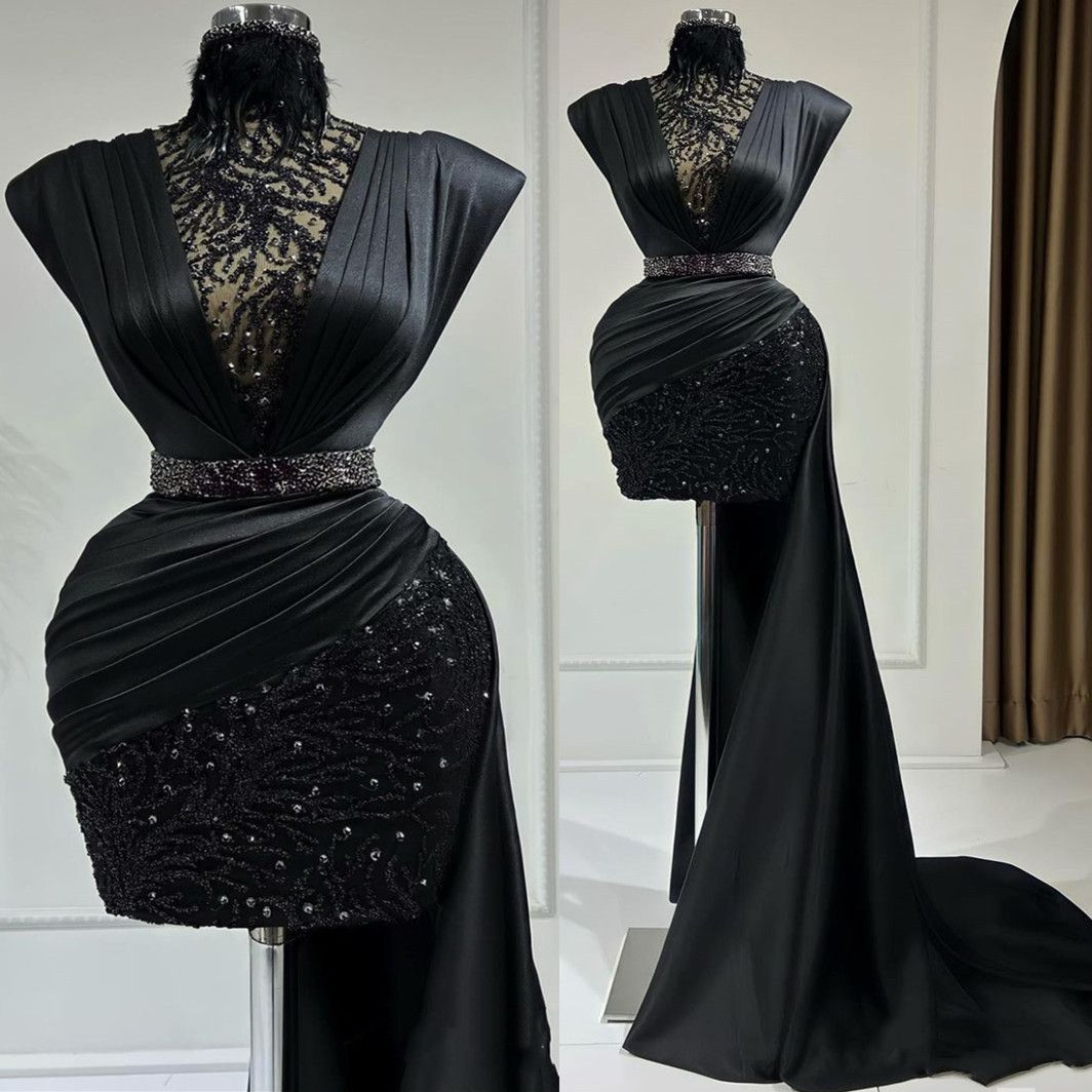 2022 Arabic Aso Ebi Black Sheath Prom Dresses Beaded Feather Evening Formal Party Second Reception Birthday Engagement Gowns Dress