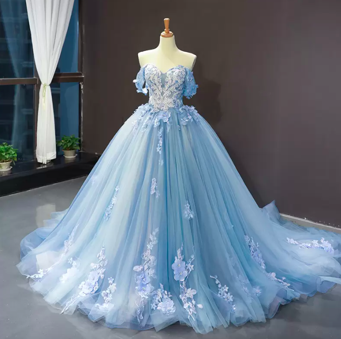 Blue Colored Wedding Dress Off The Shoulder Ball Gown Princess 3d Flowers Lace Corset Back Non White Bride Dress Romantic