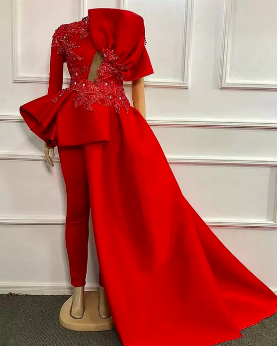 Red Plus Size Evening Jumpsuit With Train 2023 Lace Stain Velvet Long Sleeve Ruffles Peplum Arabic Prom Dress With Pant Suit