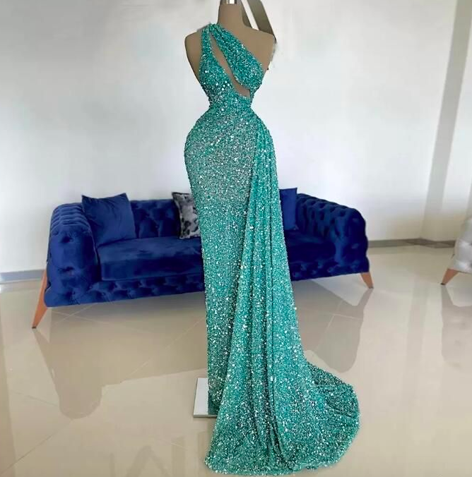 Jade Blue Beading Prom Dresses One Shoulder Mermaid Cocktail Party Gown Sequins Keyhole Style Abendkleider Evening Dress