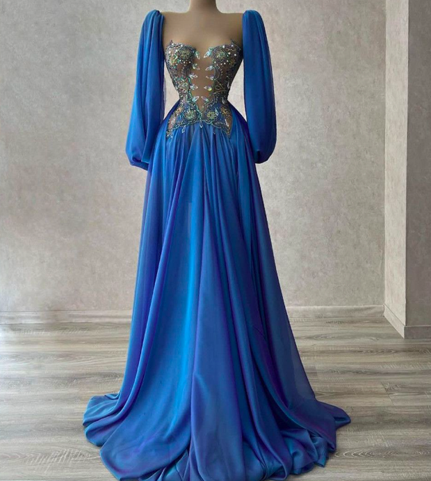 Blue Prom Dresses Long Sleeves V Neck Lace Appliques Sequins Evening Dresses Beaded 3d Lace Floor Length Evening Dress Plus Size Custom Made