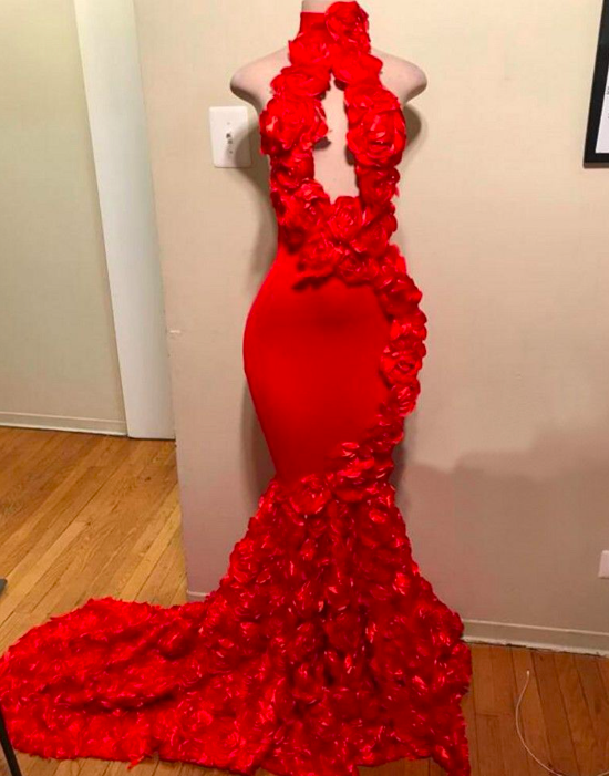 Red Mermaid Arabic Dubai Prom Dress Long 2023 High Neck Cut-out Front Handmade 3d Flowers Backless Evening Formal Gown Vestidos De Gala