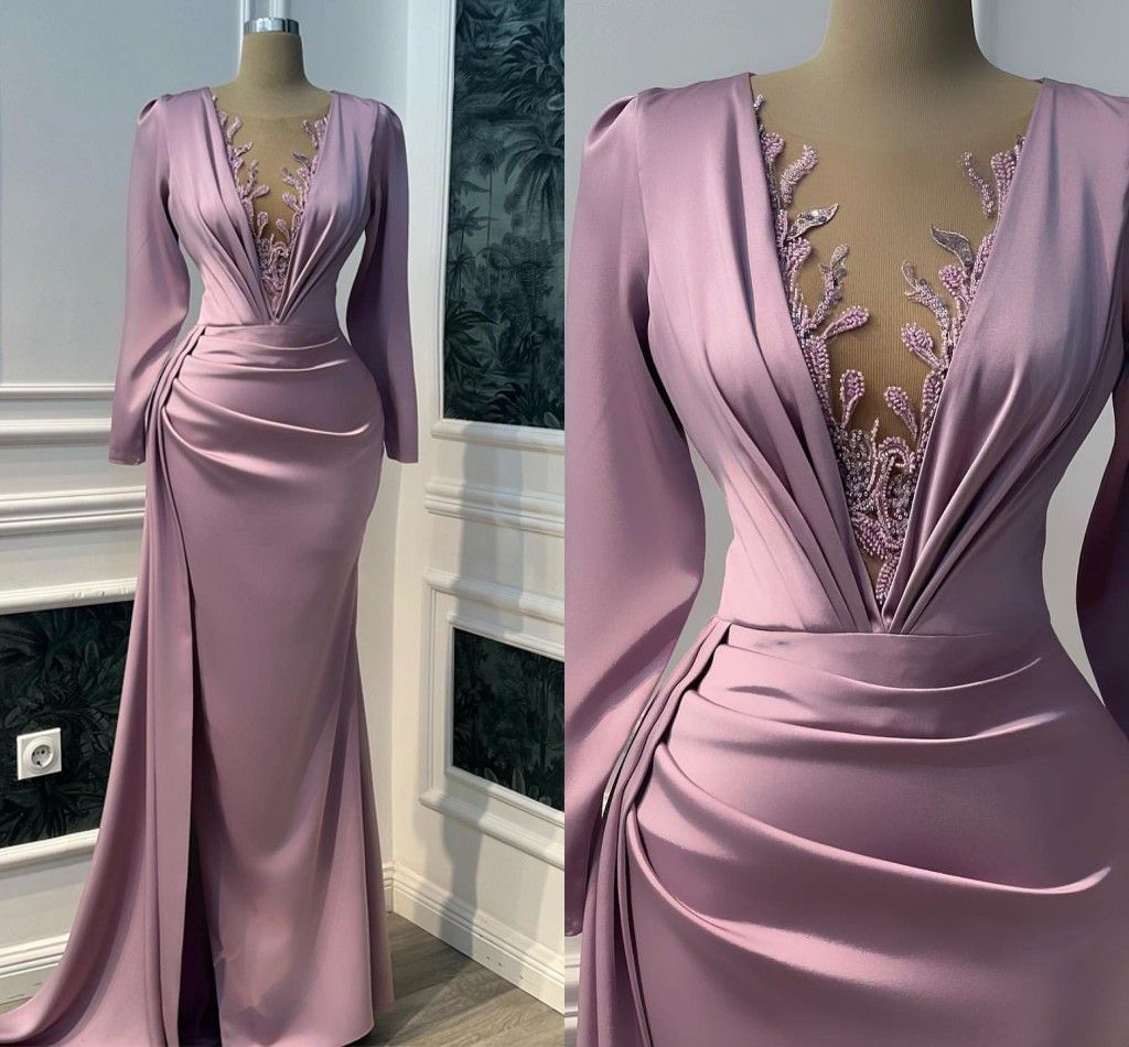 Vintage Prom Dresses Long Sleeve Illusion V-neck Mermaid Evening Dress Floor Length Saudi Arabia Cocktail Party Gowns Robes De Soiree