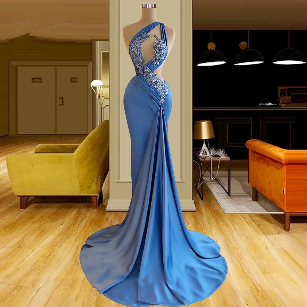 Lake Blue Lace Stain Prom Dresses One Shoulder Appliques Lace Sequined Pleats Women Arabic Formal Mermaid Evening Occasion Gown