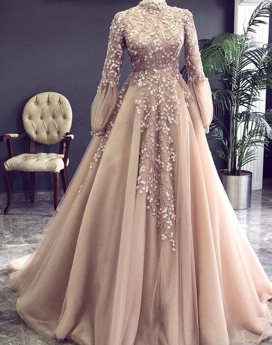 Champagne Prom Dresses, Long Sleeve Prom Dresses, Sparkly Evening Dresses, Flowers Evening Dresses, A Line Evening Gowns, High Neck Evening