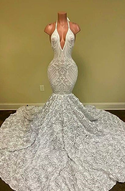 White Prom Dresses, Halter Prom Dresses, Sexy Prom Dresses, Hand Made Flowers Prom Dresses, White Prom Dresses, Evening Gowns, Arabic Prom