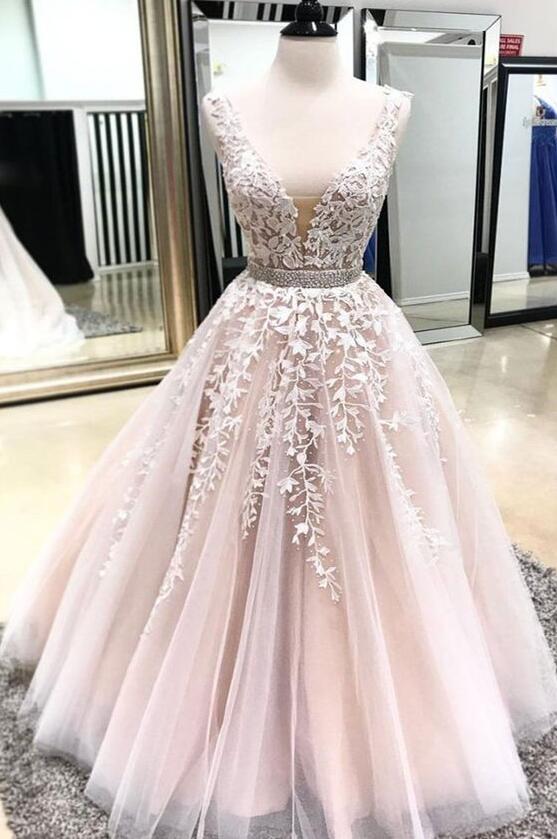 A-line V Neck Sleeveless Long/Floor-Length Tulle Satin Prom Dress With Lace  Appliqued - Prom Dresses - Stacees