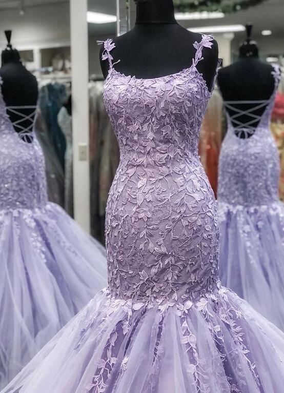 Purple Prom Dresses, Lace Prom Dresses, Mermaid Prom Dresses, Sweetheart Neck Prom Dresses, Spaghetti Neck Prom Dresses, Mermaid Evening Gowns,