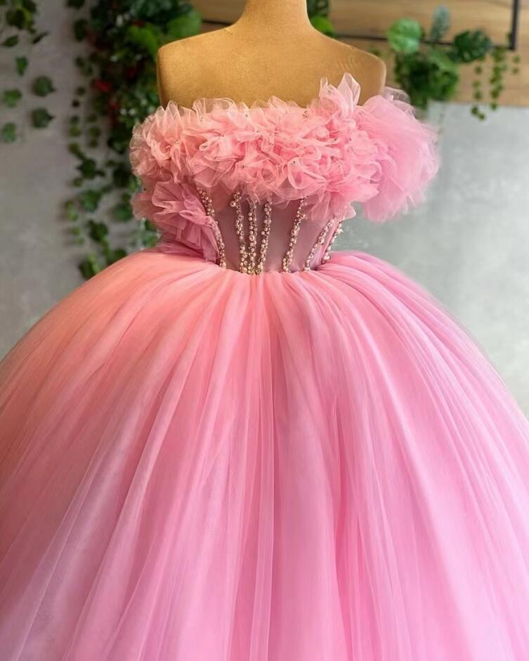 Pink Prom Dresses, Ruffle Prom Dresses, Beaded Prom Dresses, Pearls Prom Dresses, Ball Gown Prom Dresses, Evening Dresses, Sexy Prom Dresses,