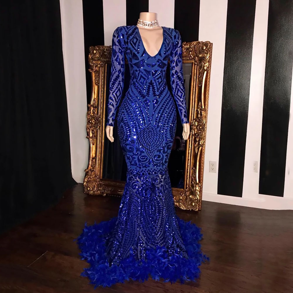 Silver Sequined Mermaid Prom Dresses 2022 Luxury V-neck Long Sleeve Feathers African Women Formal Evening Gowns Gala Dress