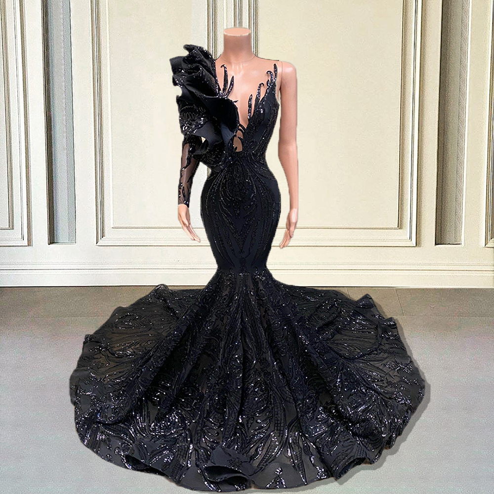 Custom Black Long Sparkly Sequined Prom Dresses 2023 Mermaid Style With Full Sleeve Ruffle Formal Evening Gala Gowns For Wedding